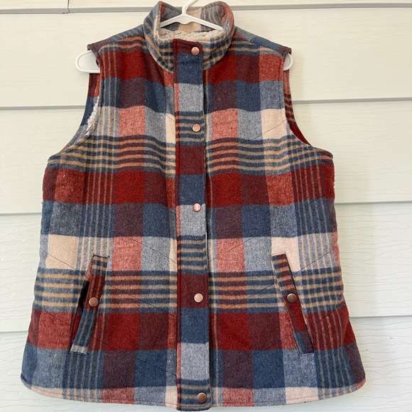 Thread and Supply Women’s Plaid Puff Vest Sz Large Blue Cream Orange Fall Autumn - Picture 9 of 9
